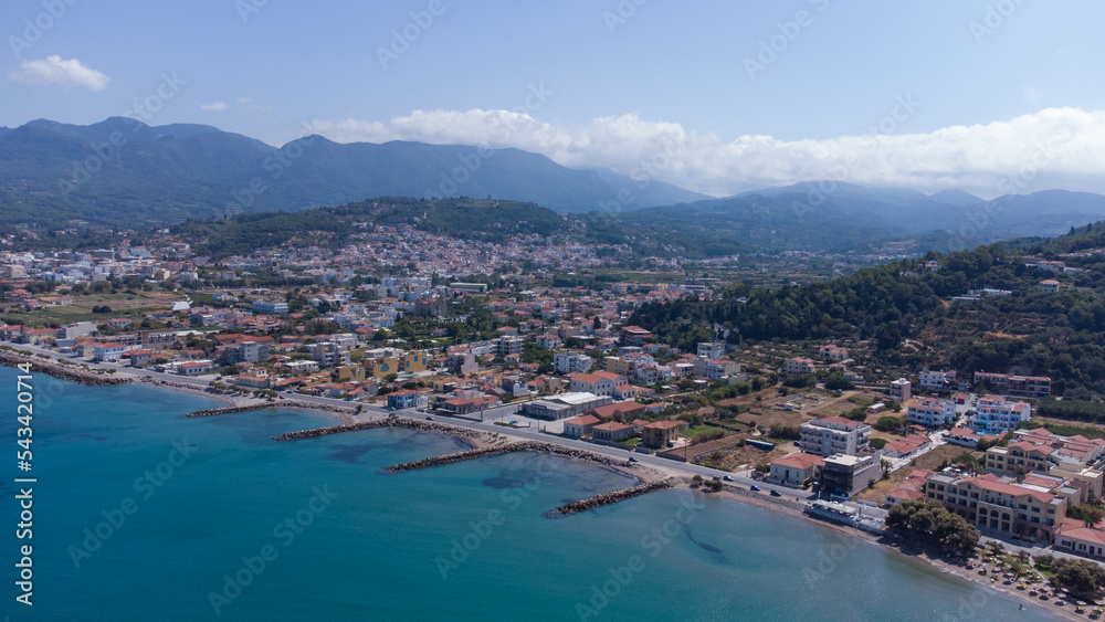 Aerial top view of Karlovasi in Samos with beaches and coastline in marvelous Aegean Sea