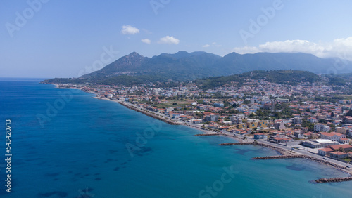 Aerial top view of Karlovasi in Samos with beaches and coastline in marvelous Aegean Sea