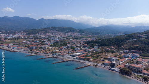 Aerial top view of Karlovasi in Samos with beaches and coastline in marvelous Aegean Sea