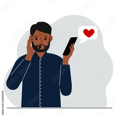 Surprised man reads a message on his mobile phone. Message with red heart. Vector