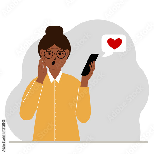 Surprised woman reads a message on his mobile phone. Message with red heart. Vector