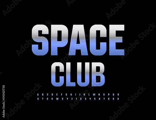 Vector silver emlem Space Club. Elegant Metallic Font. Steel Alphabet Letters and Numbers set photo