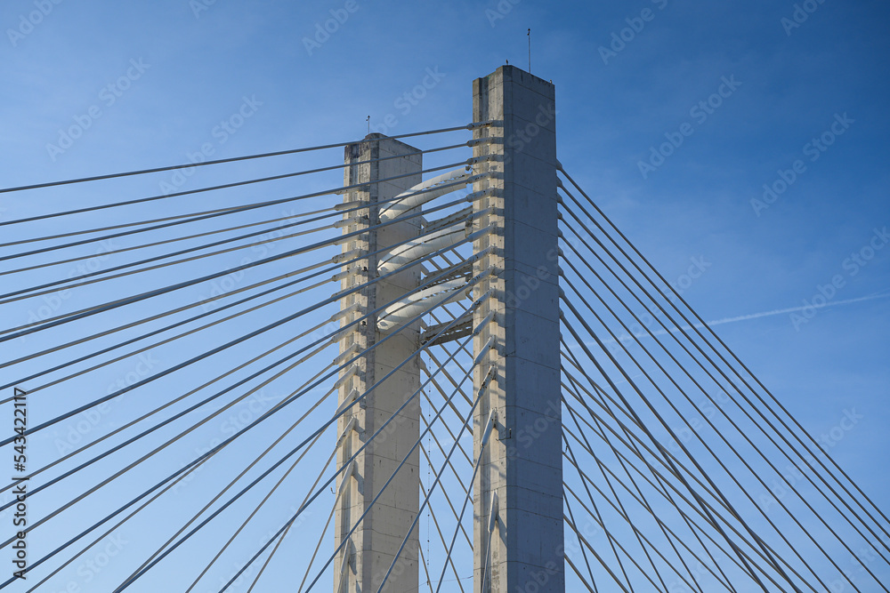 Architecture detail view of Basarab landmark bridge from Bucharest, Romania, during a beautiful sunny morning with blue sky. Travel to Bucharest. Architecture detail view of Basarab landmark bridge from Bucharest, Romania, during a beautiful sunny morning with blue sky. Travel to Bucharest.