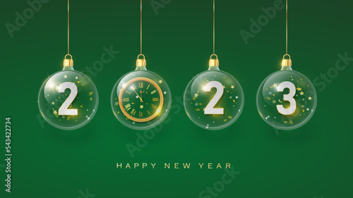 2023 Happy New Year in green. 2023 Golden metal number in glass bauble, decoration. Realistic 3d render metallic sign. Xmas Poster, banner, cover card, brochure flyer, layout design