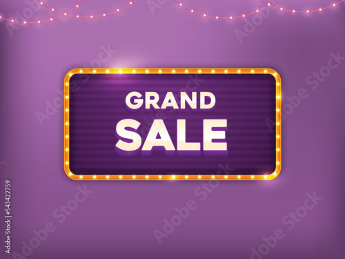 Marquee lightbox with hanging light on dark purple background for sale banner design. Grand sale banner concept.