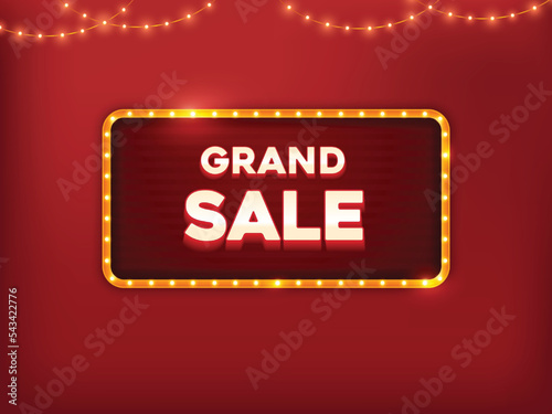Marquee lightbox with hanging light on dark red background for sale banner design. Grand sale banner concept.
