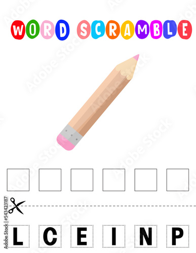 Pencil Word scramble . Educational game for kids. English language spelling worksheet for preschool children
