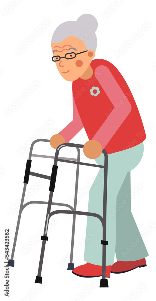 Senior woman walking with aid. Elderly person character Senior woman walking with aid. Elderly person character