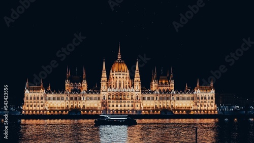 Scenic shot of the illuminated Hungarian Parliament Building in Budapest at night