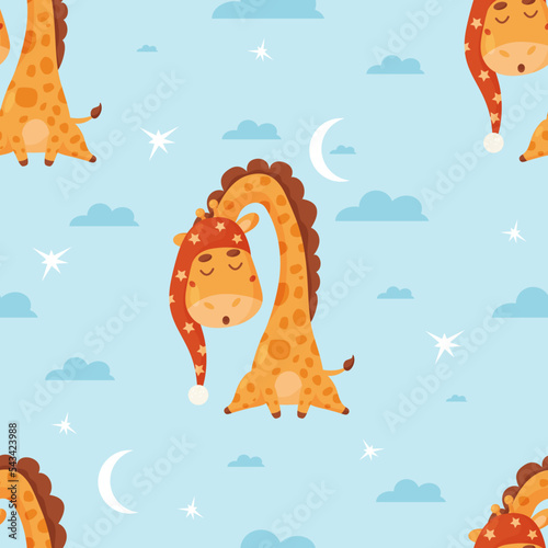 Photography Seamless pattern with cute sleeping animal giraffe on blue background with clouds and moon