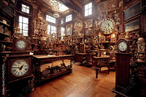 AI generated image of a Victorian era antique clock shop in London  photo