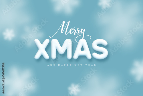 Merry Christmas greeting banner. 3d white Xmas on blue background with falling snowflakes. Vector illustration.