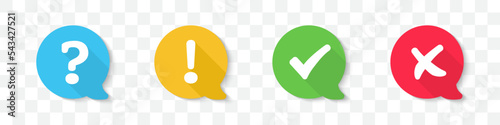 Set of tick, cross, question mark, exclamation point icons in speech bubble with shadow