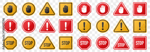 Stop sign collection. Set of hazard warning attention sign. Vector illustration
