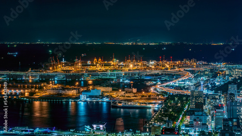 Night view of container terminal at Yokohama, kanagawa, Japan at night.