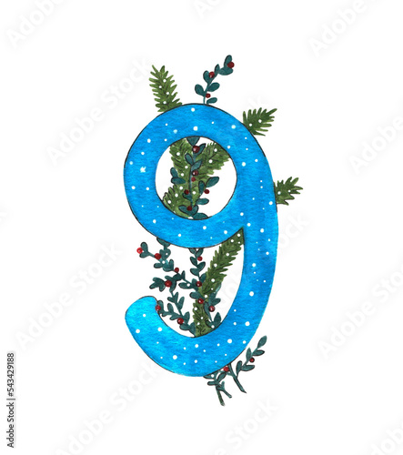 Blue number nine for the winter calendar with spruce twigs. Watercolor illustration of the digit 9.