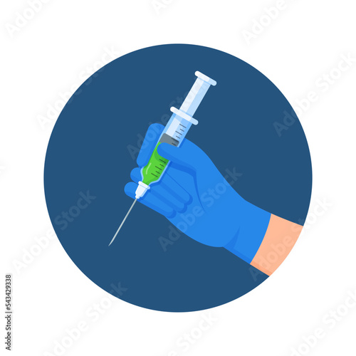Vector illustration of virus vaccination. A doctor's gloved hand holds a syringe. Concept of vaccination isolated on blue and white background.