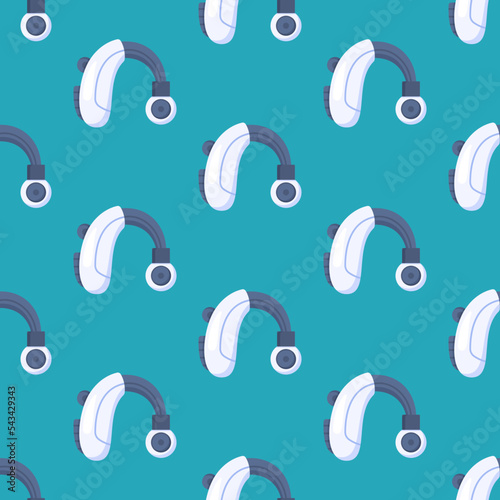 Vector illustration of a medical hearing aid pattern. Bionic prosthetic ear, fabrication of a mechanical device in a factory with robotic arms.  Seamless print of hearing restoration on mint backgroun