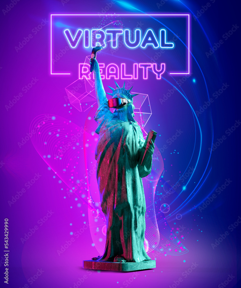 Statue of Liberty using virtual reality glasses, vr Background with neon effect text. 3D rendering Statue of Liberty using virtual reality glasses, vr Background with neon effect text. 3D rendering