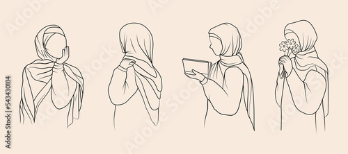 Set of  Line Drawing of Muslim Women with Hijab.  For logo, template icon Hijab Store, Muslim Store etc. Simple minimal line art style.