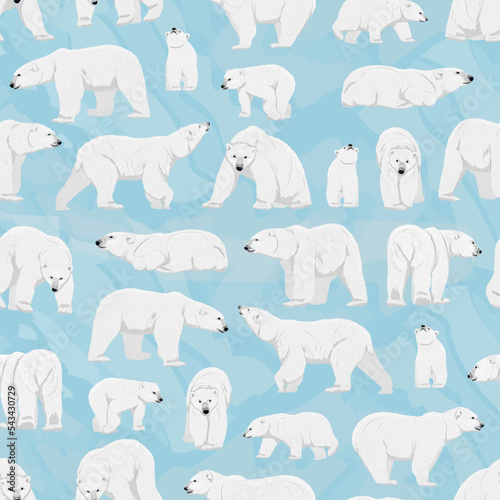 Seamless pattern with polar bears. Wild realistic animals of the North. Vector print