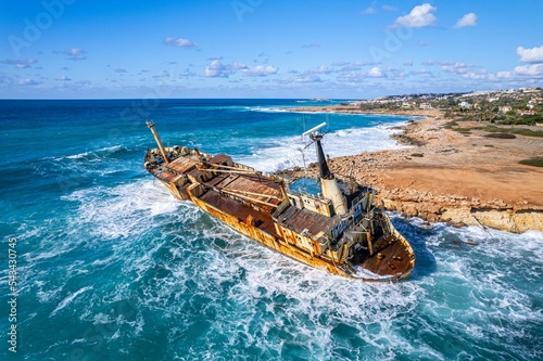 Aerial view of Edro III Shipwreck tourist attraction by the shore in Pegeia, Cyprus photo