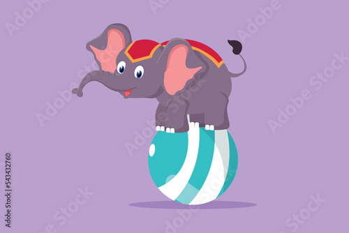 Cartoon flat style drawing a cute elephant stands on the ball with all fours awaiting further instructions from the trainer. Good animal circus show entertainment. Graphic design vector illustration