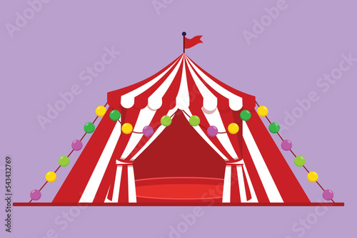 Graphic flat design drawing circus tent in shape of triangle with stripes and flag on top. Show place for clowns, magicians, animals. Success business entertainment. Cartoon style vector illustration