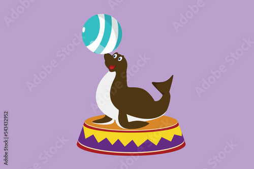 Cartoon flat style drawing sea lion on stage playing stunt with striped ball in its mouth. Sea ​​lions are highly trained in performance. Circus animal show event. Graphic design vector illustration