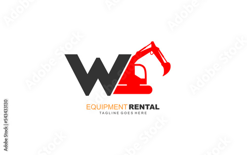 W logo excavator for construction company. Heavy equipment template vector illustration for your brand.
