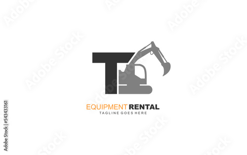T logo excavator for construction company. Heavy equipment template vector illustration for your brand.