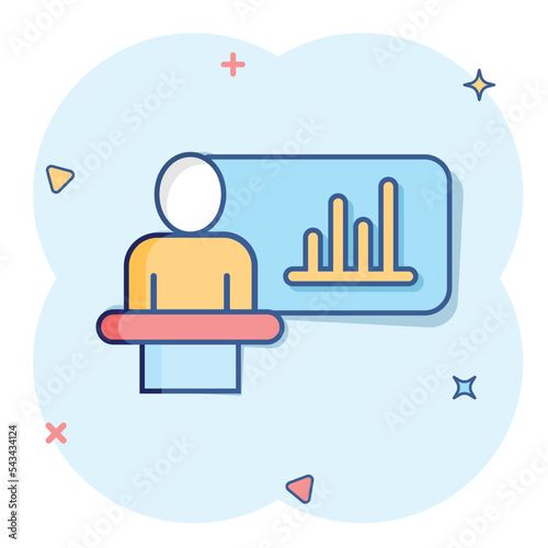 People on podium icon in comic style. Speaker cartoon vector illustration on white isolated background. Audience orator splash effect business concept.