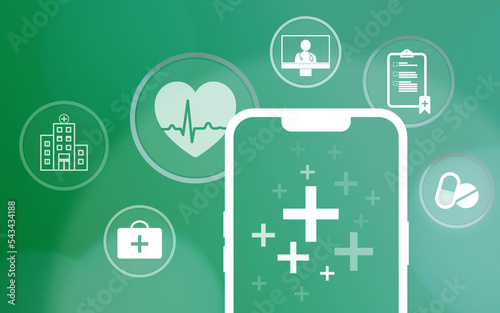 Digitalisierung des Gesundheitssystems, E-Health, Smartphone und Hintergrund mit medizinischen Symbolen, Gesundheitswesen, Gesundheit, Online-Sprechstunde, Videochat, Medikamente, Arzt, Untersuchung photo