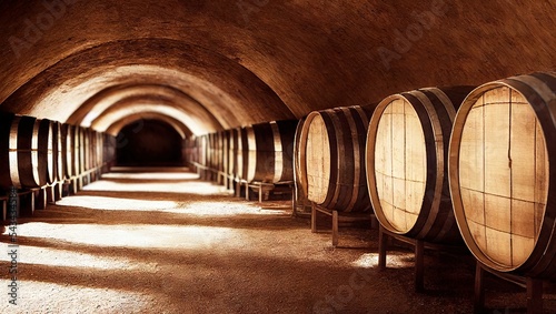 Fotografie, Obraz Long corridor with wooden wine barrels in a vineyard cellar