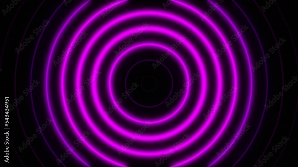 Abstract seamless loop neon purple concentric circle on a black background. Bright neon lights motion for glamour concept. For compositing, and stylizing your video.