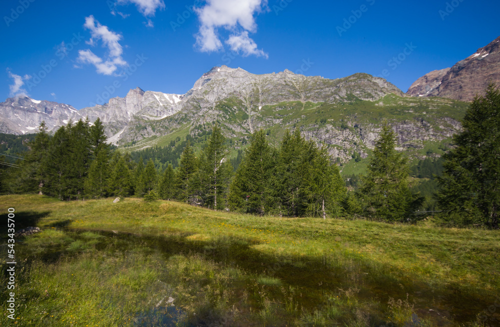 Panoramic view of Lago delle Streghe near Crampiolo in the italian alps