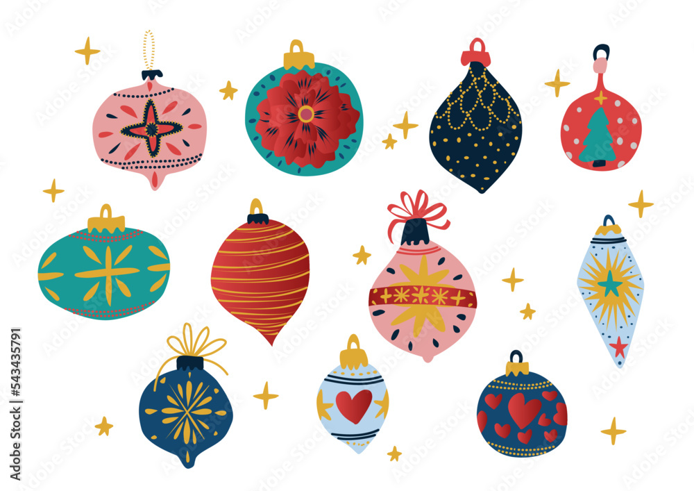 Set de bolas decorativas de navidad. Colección de adornos navideños con bolas navideñas decorativas vectorizadas, diseño de navidad