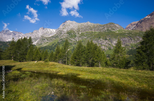 Panoramic view of Lago delle Streghe near Crampiolo in the italian alps