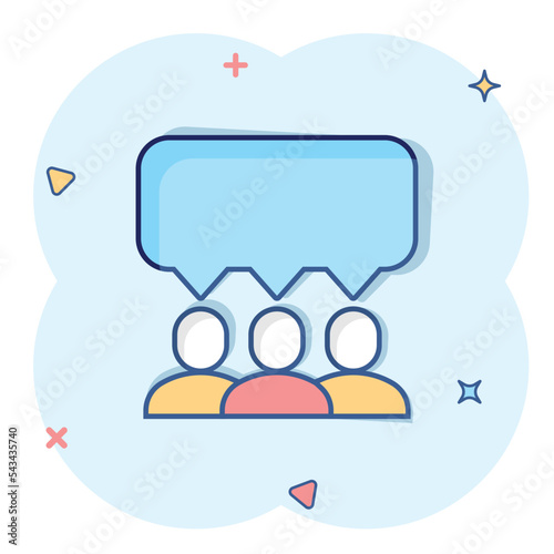 People with speech bubble icon in comic style. Chat cartoon vector illustration on white isolated background. Speaker dialog splash effect business concept.