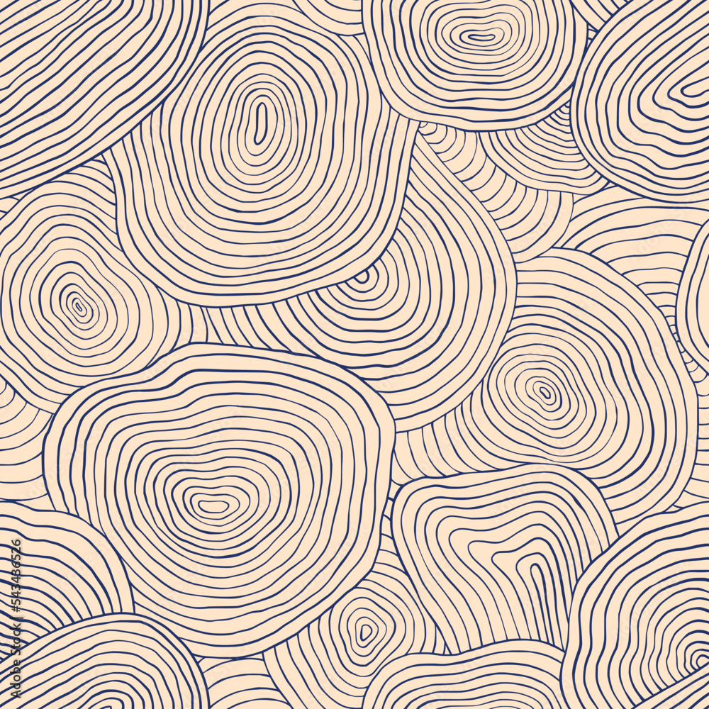Aesthetic circle line seamless pattern. Moire thin hand drawn ink strokes in flowing dynamic print for fabric design. Vintage retro wave japanese style wood texture.