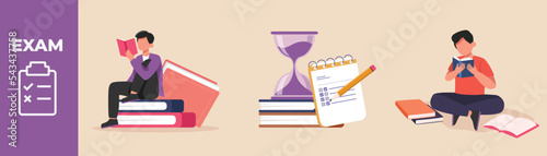 Boy student reads books before exam, sand glass on the book, note and pencil. Preparing for test set concept. Colored flat graphic vector illustration isolated.