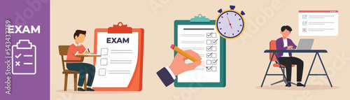 Students focus on doing the exam on the exam table and Exams are limited by time. Test or exam set concept. Colored flat graphic vector illustration isolated.