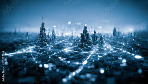 Foto The concept of a high-speed internet connection visualized as cables linking up in a spectacular futuristic and cyberpunk cityscape with skyscrapers