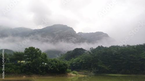 Sansan Lake. fog over picturesque lake in Korea. beautiful nature in Korea photo