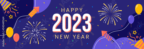 Foto happy new year 2023 horizontal banner template vector illustration design
