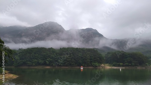 Sansan Lake. fog over picturesque lake in Korea. beautiful nature in Korea photo