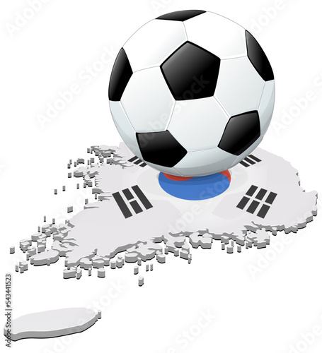 3D map of south korea in the colors of the south korean flag with a soccer ball lying on it (cut out)