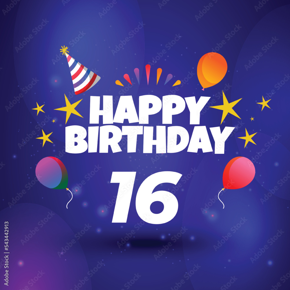 Happy 16th birthday balloons greeting card background Happy 16th birthday balloons greeting card background
