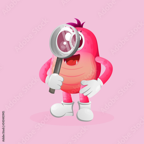 Cute pink monster conducting research, holding a magnifying glass
