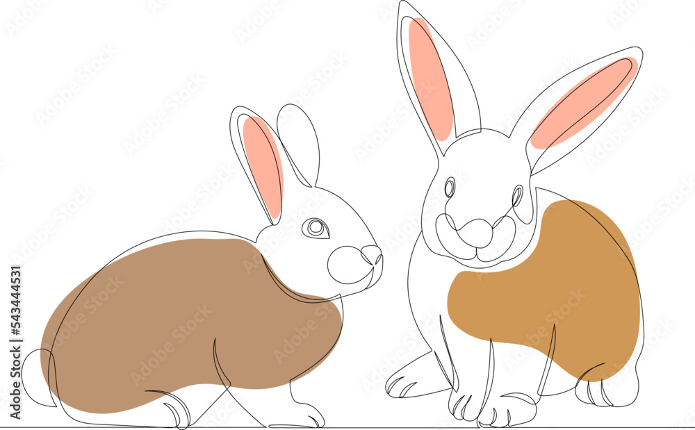 Obraz premium rabbits, outline drawing by one continuous line, isolated, vector